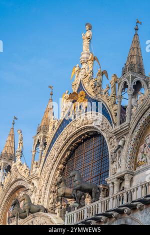 Details on facade of St Mark`s Basilica or San Marco. Beautiful Christian mosaic of luxury church exterior, Saint Mark`s cathedral. Venice, Italy Stock Photo